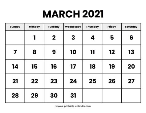 March 2021 Calendar Printable A Printable Calendar