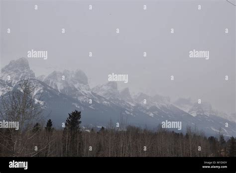 Snow Covered Mountains With Grey Skies And Treeline Three Sisters