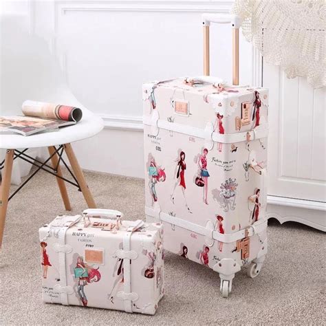 Popular Retro Handmade Set Rolling Luggage With Cosmetic Case Girl Cute