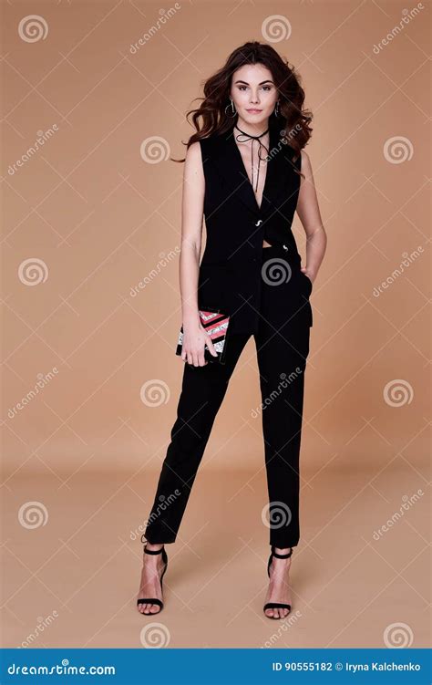 Beautiful Pretty Girl Wear Black Suit Jacket And Pants Stock Photo
