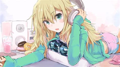 Anime Girls The Idolmster Aqua Eyes Blonde Headphones Hoshii Miki