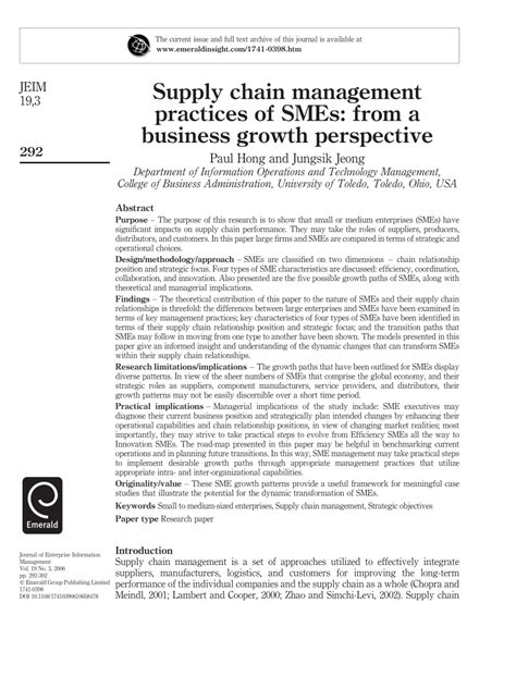 Pdf Supply Chain Management Practices Of Smes From A Business Growth