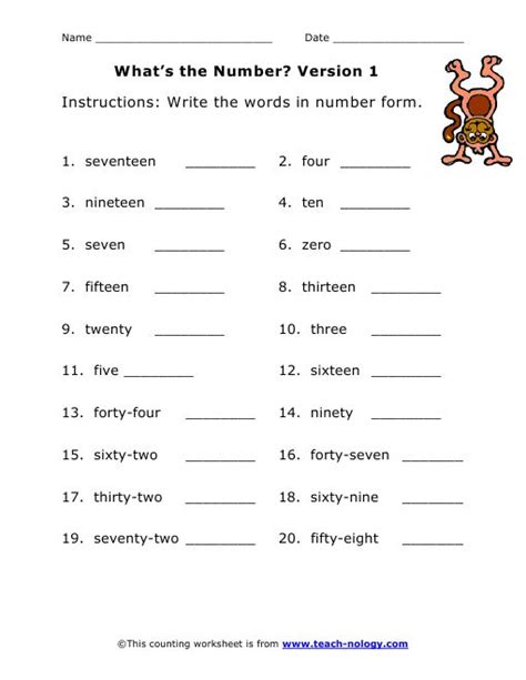 Write The Words In Number Form Version 1 Math Addition Worksheets