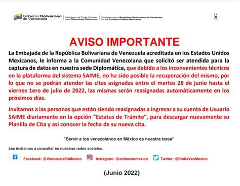 Embajada De Venezuela En M Xico On Twitter Aviso Importante Para