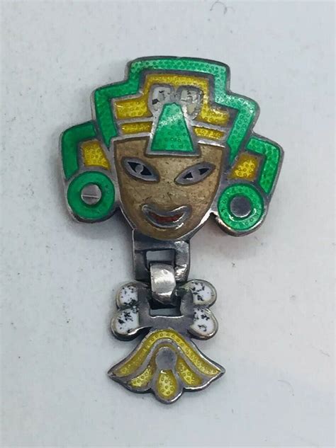 Margot De Taxco Vintage Mexican Sterling Silver Enamel Tribal Face Dangle Pin Ebay