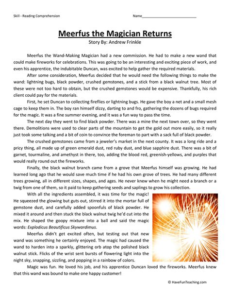 Each passage reads similar to a newspaper of journal article, and provides interesting information about some aspect of history, nature, mechanics, science, art, and more. Meerfus the Magician Returns Reading Comprehension ...