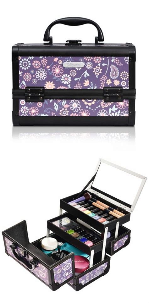 Purple Floral Print Professional Makeup Train Case With Mirror