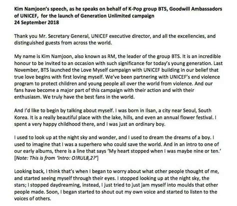 RM speech UNICEF 2018 pt 1 | Bts lyric, Pop lyrics, Namjoon