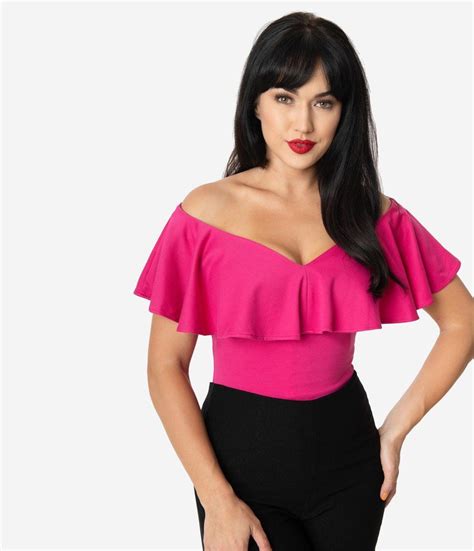 unique vintage 1950s hot pink off shoulder ruffle frenchie top in 2020 fashion fashion classy