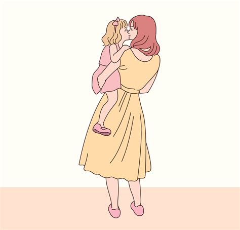 The Mother Is Hugging Her Daughter Tenderly Hand Drawn Style Vector