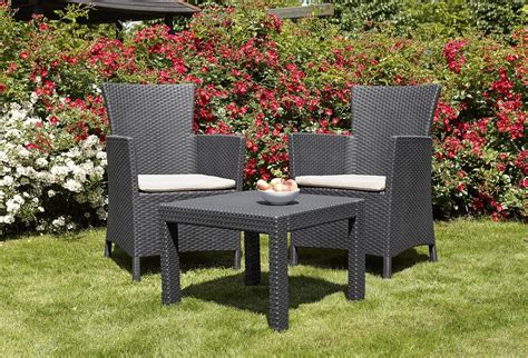 Perfect for adding to your garden dining set collection. Allibert by Keter Rosario Outdoor 2 Seat Rattan Balcony Garden Furniture Set - Graphite with ...