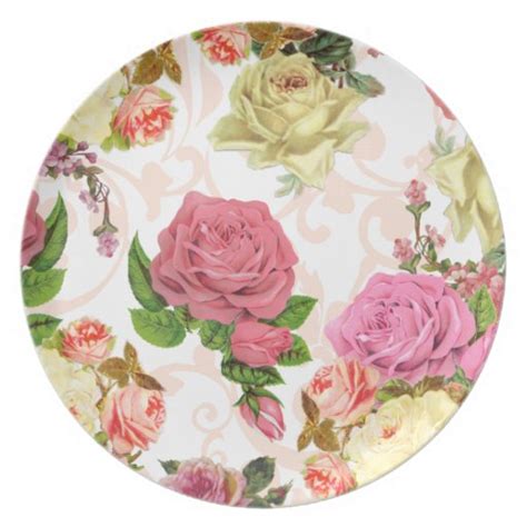 Patterned dinner plate porcelain kitchen plates white & blue flower, 265mm. Pink roses vintage floral pattern dinner plates | Zazzle