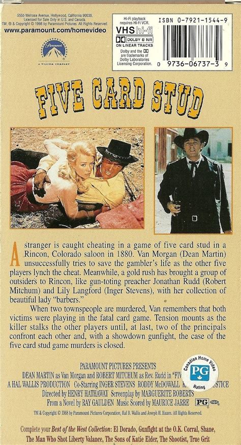 After a card shark is caught cheating, he is taken out and lynched by the drunkards he was playing against. Five Card Stud VHS Dean Martin Robert Mitchum Inger ...