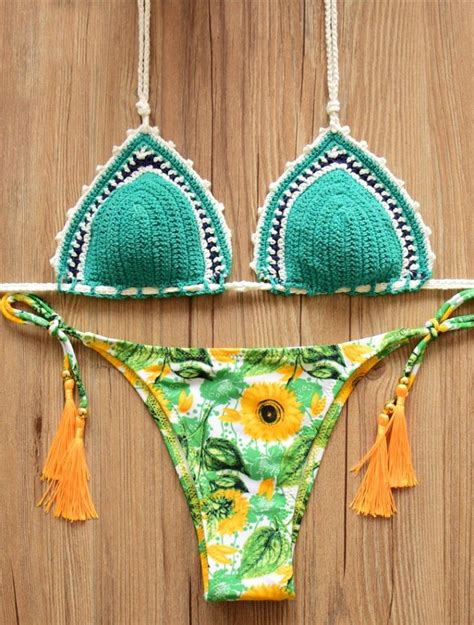 cute tassel tie up knit brazilian bikini set green sunflower bikini swimsuits swimwear