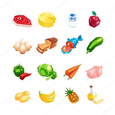 Everyday Food Products Icons Of Vegetables Fruits And Meat Isolated