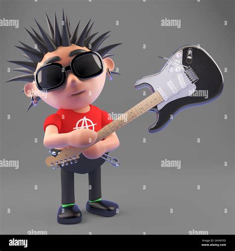 Vicious Punk Rock Character Smashing His Electric Guitar 3d