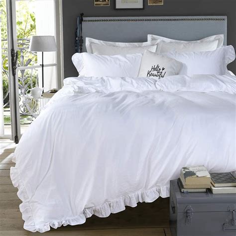 Queens House 3 Pieces Duvet Cover Set Washed Cotton White Ruffled Duvet Quilt Cover With Zipper