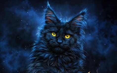 Download Wallpapers Black Cat 3d Art Darkness Pets Cat With Yellow
