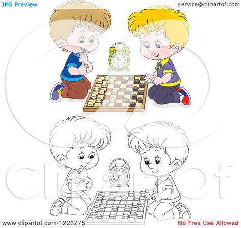 Clipart Of Outlined And Colored Boys Playing Chess Royalty Free