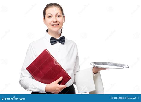 Successful Waitress With Menus And Empty Tray On A White Stock Photo