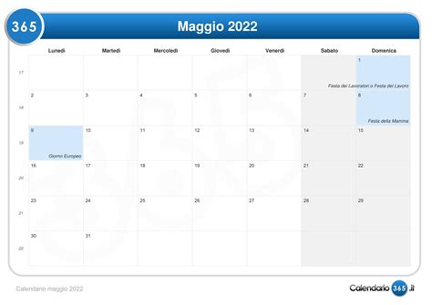 Calendario Maggio 2022