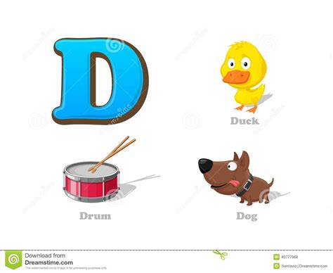 Abc Letter D Funny Kid Icons Set Duck Drum Dog Stock Vector Image