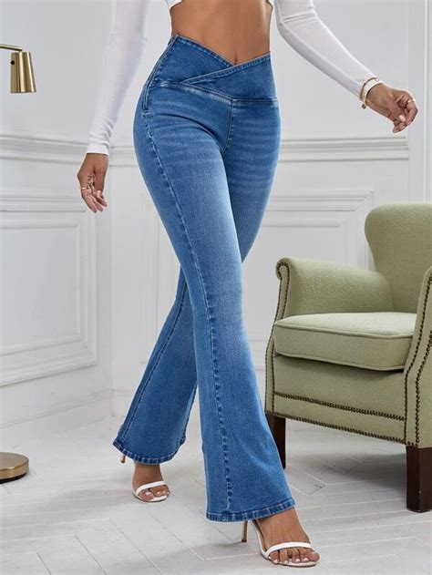 overlap waist bootcut leg jeans shein uk