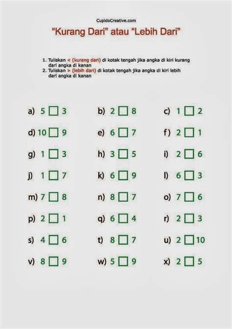 Contoh latihan soal untuk anak tk 1/1. belajar matematika anak SD, perbandingan angka, kurang dari atau lebih dari | Belajar Anak ...