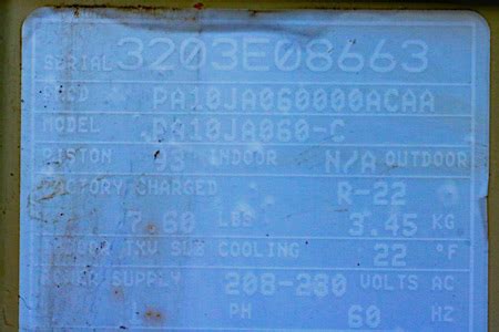 The model and serial number can be found on the rating plate of your air conditioner or heat pump. Air Conditioner Date Codes