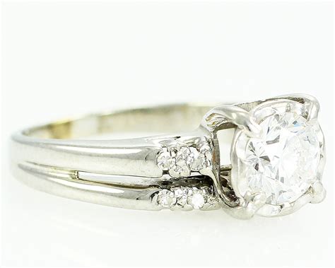 Diamond Wedding Ring Vintage 14k White Gold Old European Cut Round Diamond Engagement Bridal