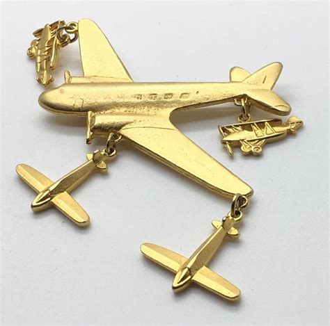 Vintage Airplane Charm Brooch Pin Gold Tone Travel Flying Air Etsy