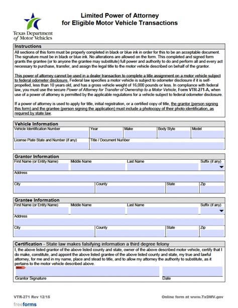 Free Texas Motor Vehicle Power Of Attorney Form Pdf