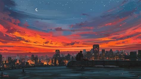 Wallpaper Relaxing Cityscape Sunset Crescent Mood Anime Couple