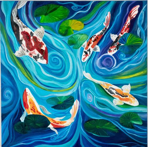 Koi Pond Oil Painting Original Painting Of Koi Fish Etsy Rock