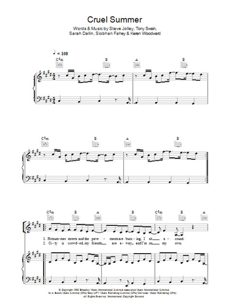 Cruel Summer Sheet Music Bananarama Piano Vocal Guitar Chords
