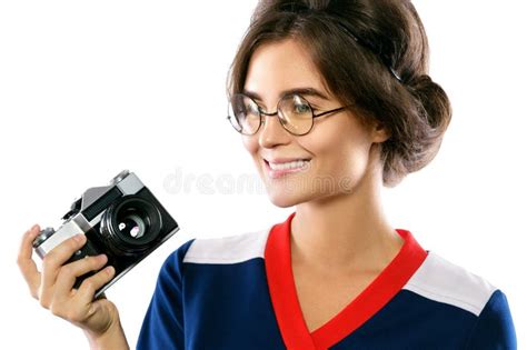 woman model in vintage look holding retro camera in her hands stock image image of portrait