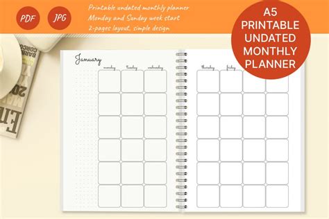 Printable A5 Undated Monthly Planner Month On 2 Pages Pdf