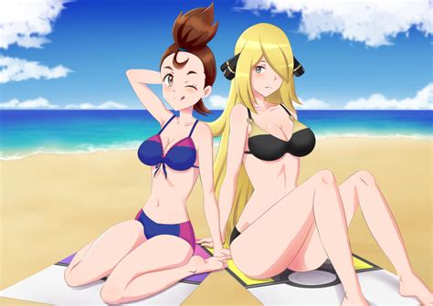 Rule 34 2girls Beach Bikini Blonde Hair Champion Cynthia Pokemon