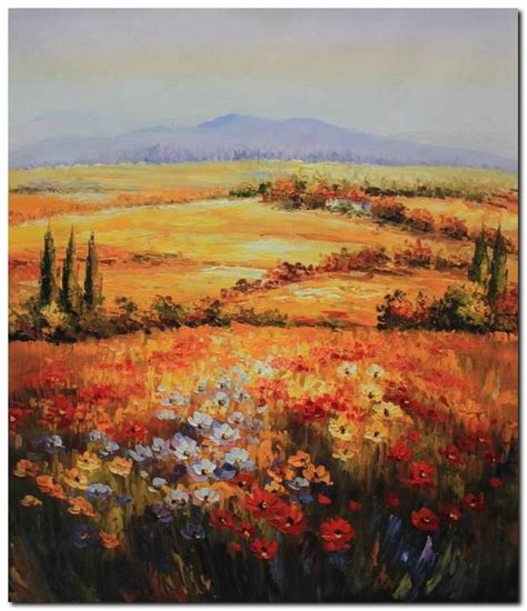 Flower Field Landscape Oil Painting Italian Tuscany Landscape Poppy
