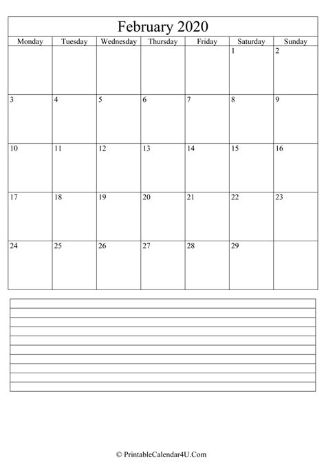 Printable February Calendar 2020 With Notes Portrait