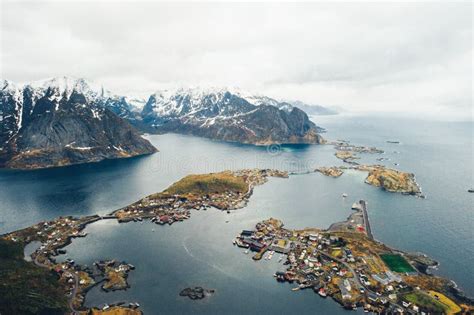 Scenic Aerial View Of Fishing Town Reine On Lofoten Islands Nor Stock