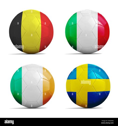 Four Soccer Balls With Group E Team Flags Football Euro Cup 2016 Stock