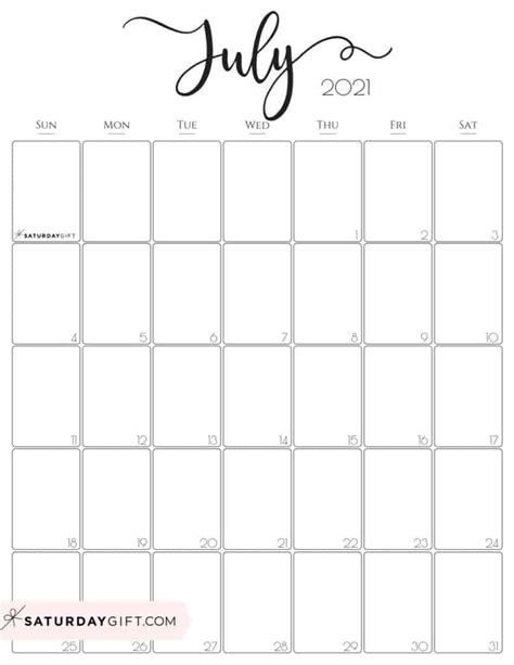 Cute And Free Printable July 2021 Calendar Saturdayt