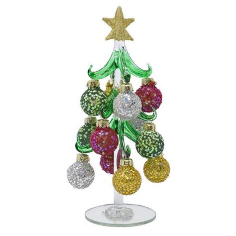 Miniature Glass 8 Christmas Tree Green With Glitter And Star Sequin Ornaments