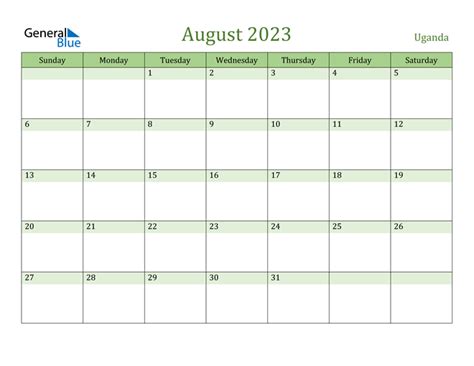Uganda August 2023 Calendar With Holidays