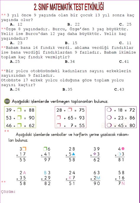 2021 ösym sınav soruları ve cevapları pdf olarak paylaşıldı. 2. Sınıf Matematik Genel Değerlendirme Soruları Testi ...
