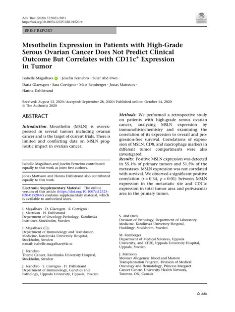 Pdf Mesothelin Expression In Patients With High Grade Serous Ovarian