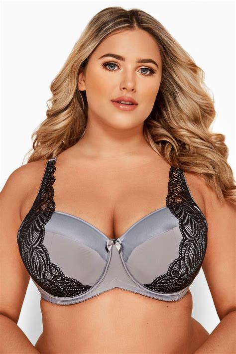 Plus Size Grey Satin And Lace Wired Bra Sizes 38dd To 48g Yours Clothing