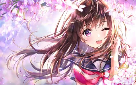 Download 2560x1600 Anime Girl Wink Cherry Blossom Cute School Uniform Smiling Wallpapers