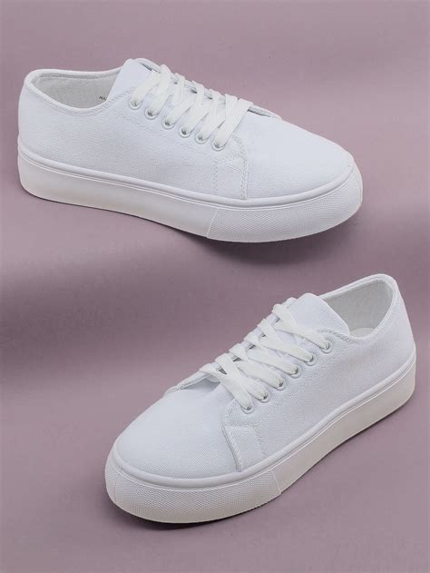 Lace Front Flatform Canvas Sneakers White Canvas Shoes Plain White